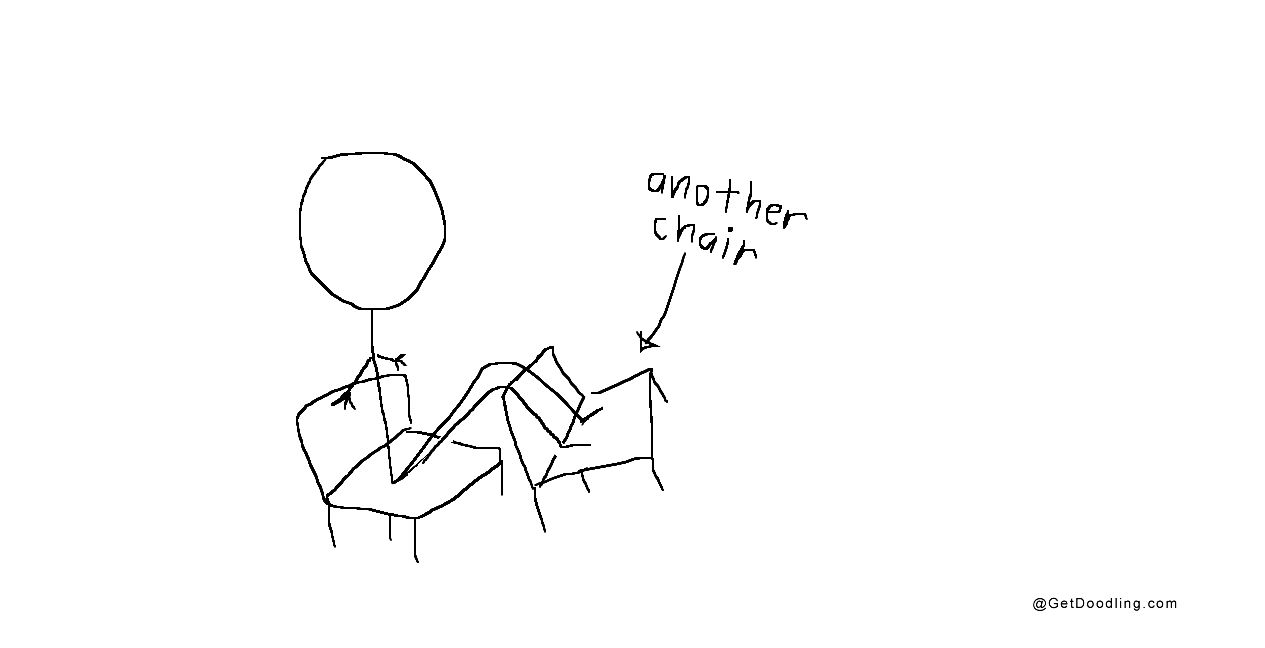 The round-headed little man is sitting on several chairs
