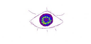 Olhos grandes e misteriosos com íris em tons de arco-íris