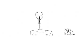 A strange figure with a long, thin neck