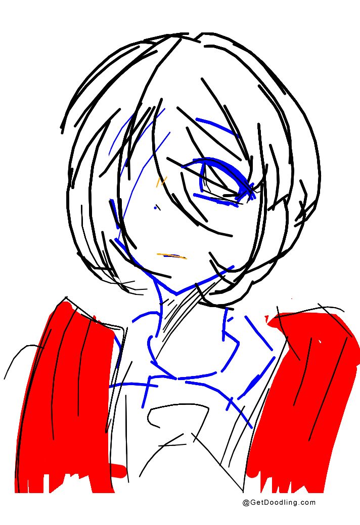 A mysterious girl with short hair, blue eyes, and a red dress