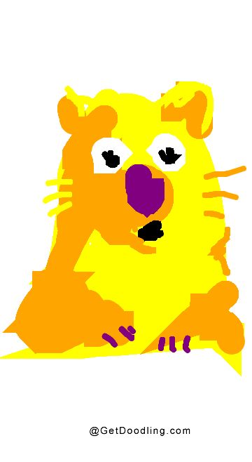 A yellow cat with its mouth open and paw raised, revealing a purple nose