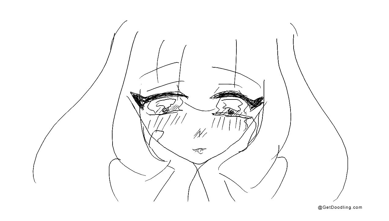 A long-haired girl resting her chin on her hand, gazing into the distance.