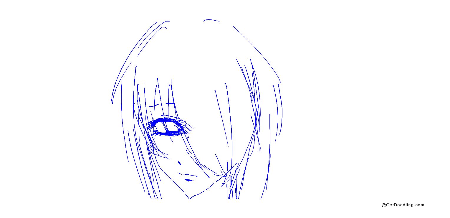 A girl with long blue hair covering her eyes.