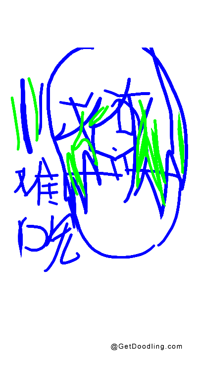 Rosto de desenho animado com contorno azul e cabelo verde
